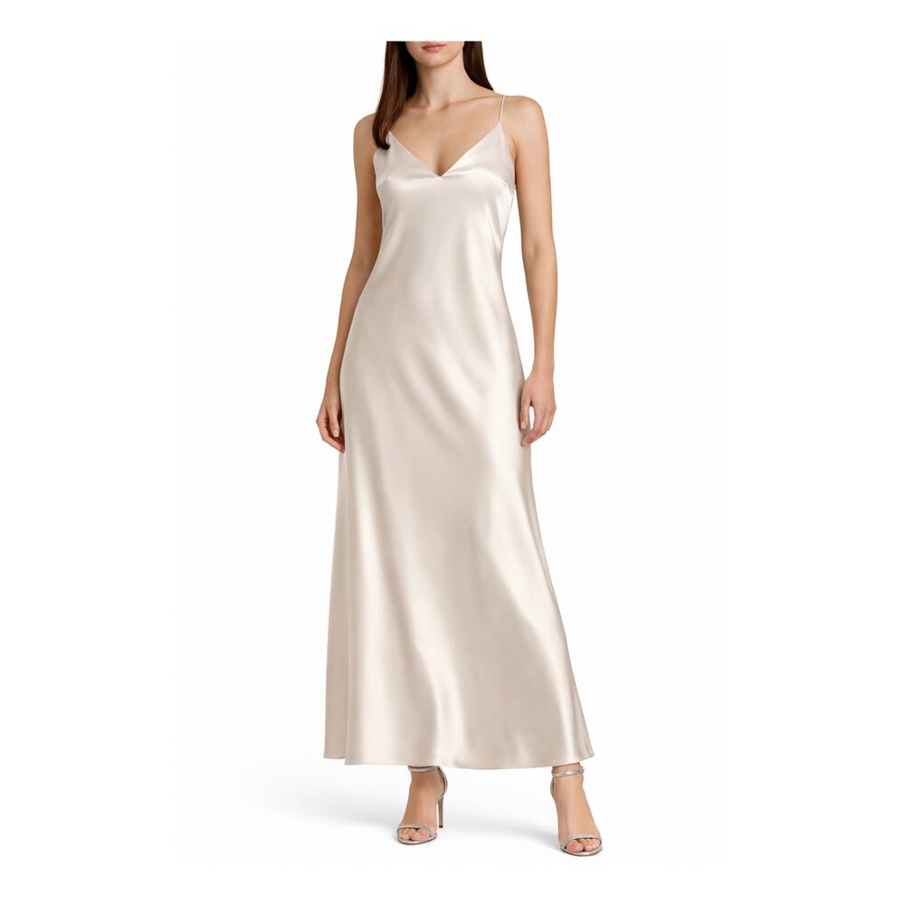 Zara Satin Slip Dress Size XL Champagne Gray Maxi Spaghetti Strap Elegant V-Neck